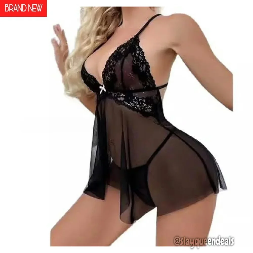 Sexy Lace Baby Doll Chemise Sheer Mesh Nightwear Lounge Dress
